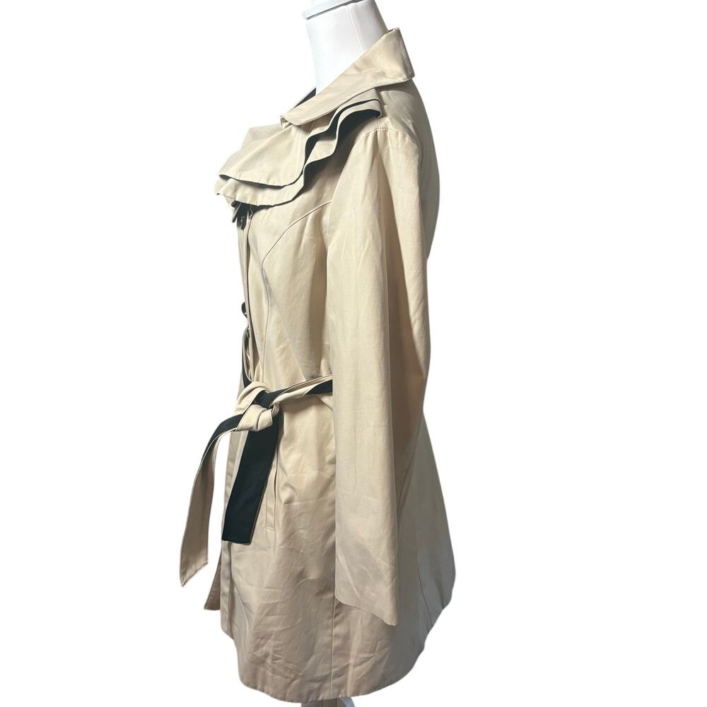 Betsey Johnson Trench Coat Womens Sz L Beige Ruffle Collar Leopard Lining Belted - Picture 4 of 12